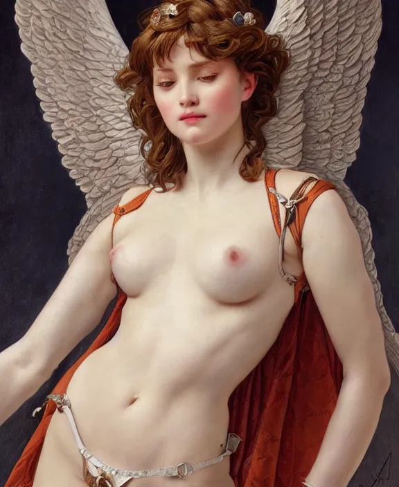 Image similar to a detailed hyperrealistic renaissance angel wearing an intricate leather garters set, honey birdette, realistic renaissance portrait, highly detailed, digital painting, artstation, concept art, smooth, sharp focus, illustration, cinematic lighting, art by artgerm and wlop and alphonse mucha and jacques louis david and john william godward