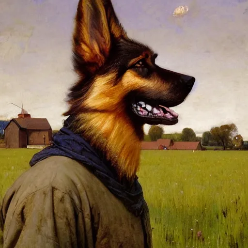 Prompt: farm life portrait of furry anthro anthropomorphic german shepard head animal person fursona wearing clothes farmer on the field in ohio, sunny day, digital art by Nerdrum John, William Waterhouse, Winslow Homer, Alex Heywood, Jordan Grimmer, Darren Quach, Greg Rutkowski, Simon Stalenhag, trending on Artstation, CGSociety