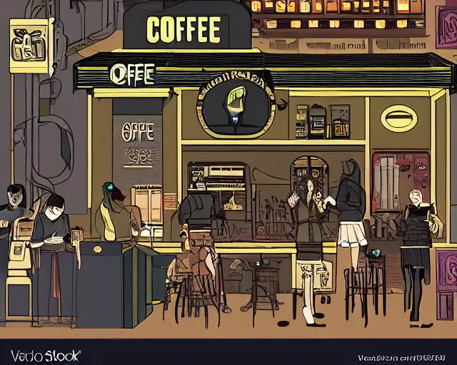 Prompt: coffee shop cyberpunk in the style of george barbier