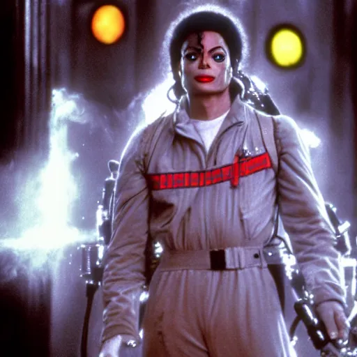 Image similar to stunning awe inspiring michael jackson with a highly detailed face as a ghostbuster in the movie ghostbusters, movie still 8 k hdr atmospheric lighting