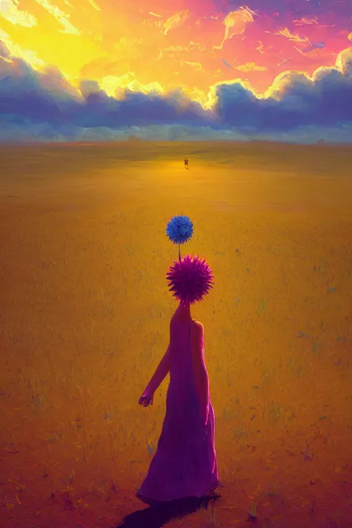 Image similar to giant corn flower head, girl walking in the desert, surreal photography, sunrise, dramatic light, impressionist painting, colorful clouds, digital painting, artstation, simon stalenhag