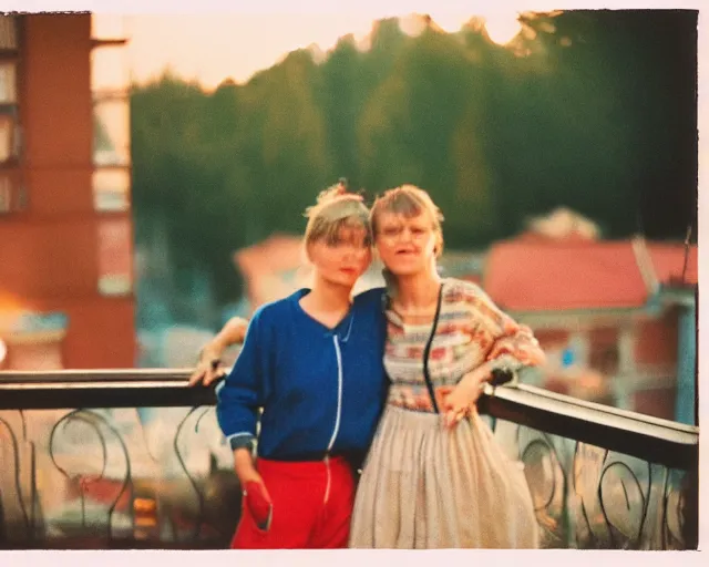 Image similar to lomo photo of pair standing on small hrushevka balcony full with cigarette smoke in small russian town looking at sunset, cinestill, bokeh