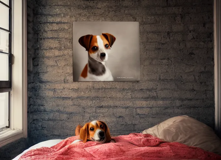 Prompt: photography of a jack russel. watching outside the window. on a bed. in a vintage room full of vinyls and posters., volumetric light, photorealistic,, award winning photo, 1 0 0 mm, sharp, high res