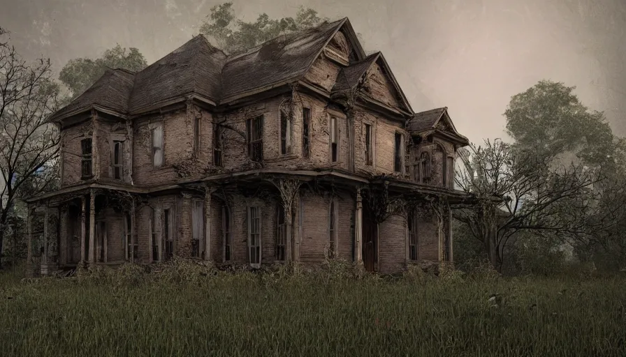 Image similar to old, ruined, abandoned American house, Victorian style, seen from outside and overgrown by plants. First light of day falls upon the building. Scary, horror, ghost story. Dirt, leaves on ground. Octane render. Substance painter. Zbrush. Trending on artstation. 8K. Highly detailed.