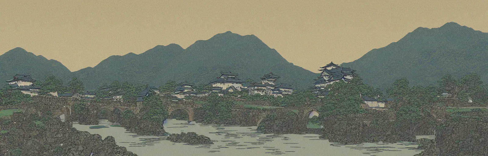 Prompt: landscape painting of multiple large interconnected castles,moat,bridge,mountains,digital art,night sky,by Paul Bril and Kawase Hasui masterpiece,high quality,pretty,fantasy,impossible