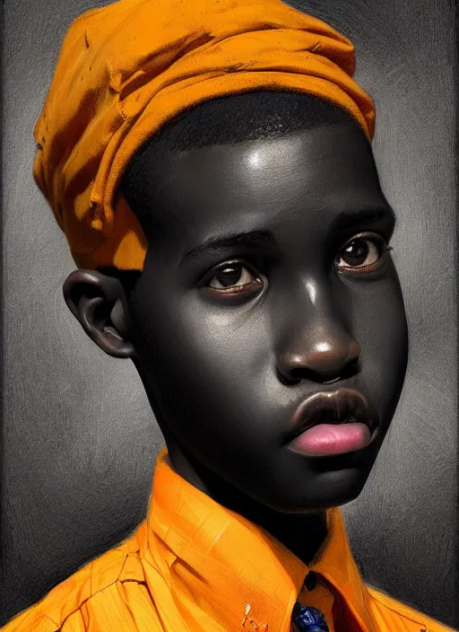 Prompt: portrait of a african teen boy with a crooked nose and a confident expression, 1 9 6 0 s, black clothes, goth, punk, brightly coloured hair, funk, intricate, elegant, highly detailed, digital painting, artstation, concept art, smooth, sharp focus, illustration, art by wlop, mars ravelo and greg rutkowski