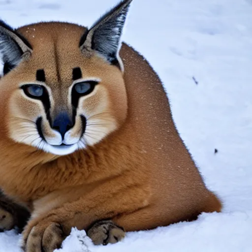 Prompt: photo still of drunk sleepy fat chubby caracal, lying sleeping on snow, big stomach, fullbody, sunny winter day