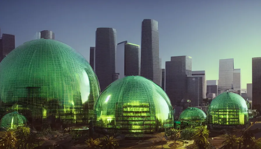 Prompt: green glass domes built in los angeles with glass buildings far away, sunset, volumetric light view, hyperdetailed, artstation, cgsociety, 8 k