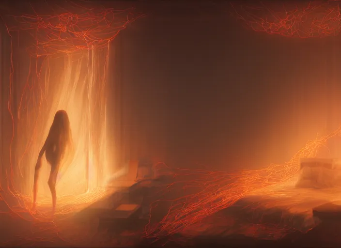 Image similar to rgb, woman, bedroom full of fire, rage, cinematic, movie scene, inspired by zdzislaw beksinski, clothes made out of veins,, cables everywhere, bedroom, ultra realistic, concept art, intricate details, highly detailed, photorealistic, octane render, 8 k