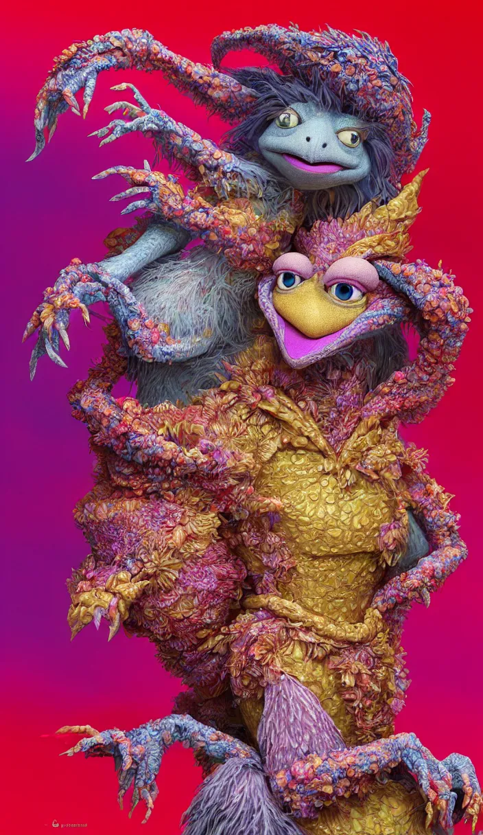 Prompt: hyper detailed 3d render like a Oil painting - kawaii portrait of two Aurora (a beautiful skeksis muppet fae queen protective mother from dark crystal that looks like Anya Taylor-Joy) seen red carpet photoshoot in UVIVF posing in scaly dress to Eat of the Strangling network of yellowcake aerochrome and milky Fruit and His delicate Hands hold of gossamer polyp blossoms bring iridescent fungal flowers whose spores black the foolish stars by Jacek Yerka, Ilya Kuvshinov, Mariusz Lewandowski, Houdini algorithmic generative render, Abstract brush strokes, Masterpiece, Edward Hopper and James Gilleard, Zdzislaw Beksinski, Mark Ryden, Wolfgang Lettl, hints of Yayoi Kasuma and Dr. Seuss, octane render, 8k