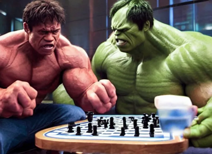 Prompt: film still of hulk playing checkers in the new avengers movie, 4 k