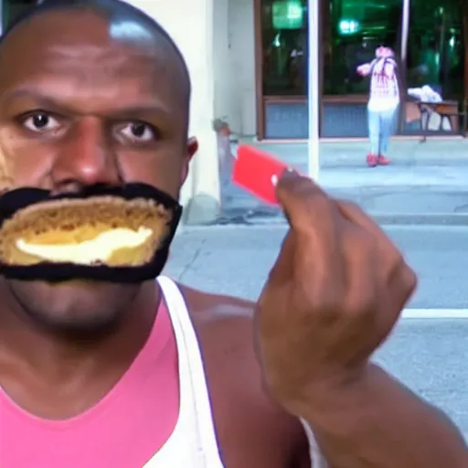 Image similar to angry black guy wearing ski mask throws slice of cake on a man's face