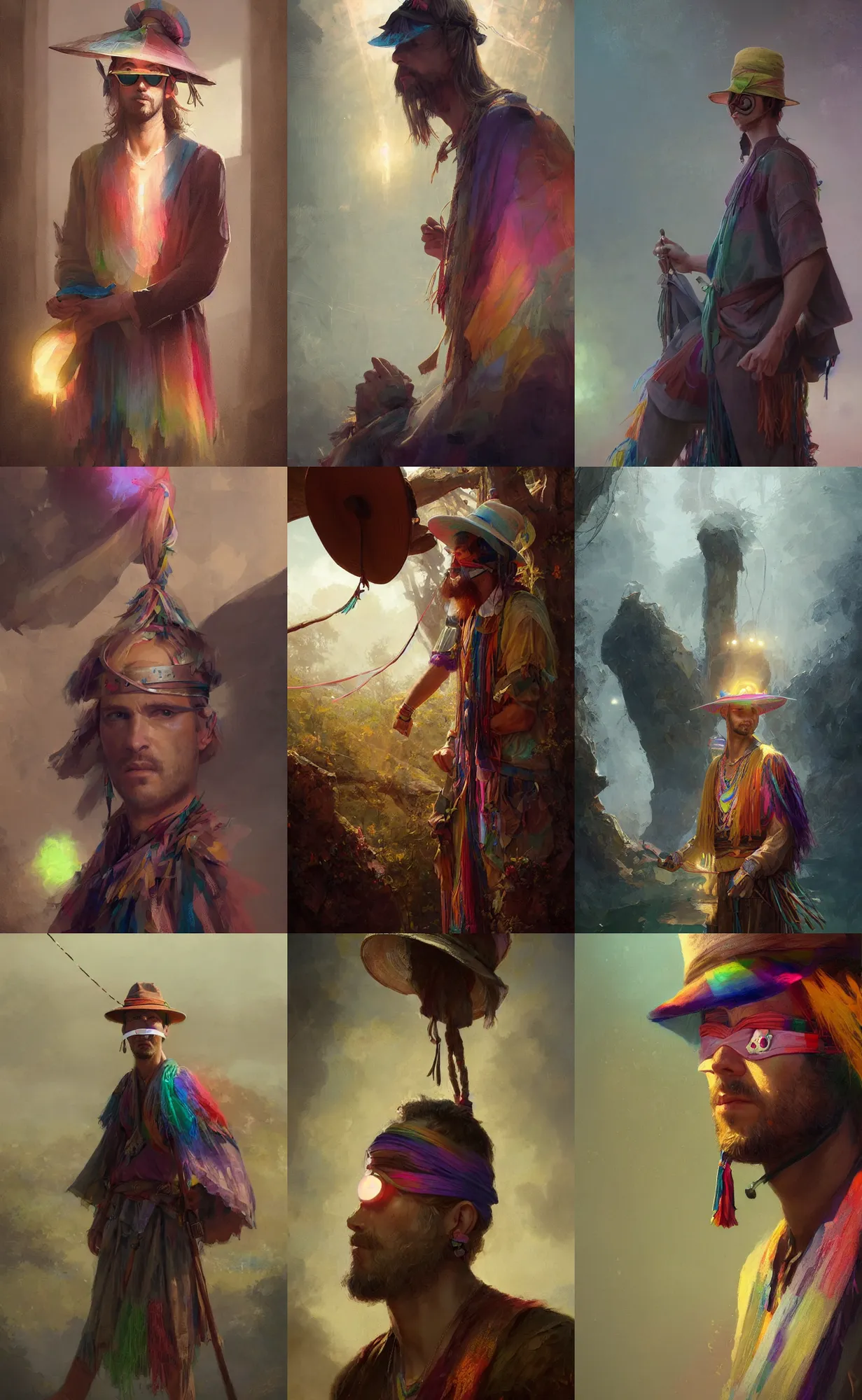 Prompt: portrait of a man wearing a blindfold, rainbow colored tunic, wide brimmed hat with hanging tassels, fantasy, highly detailed, cinematic lighting, digital art painting by greg rutkowski