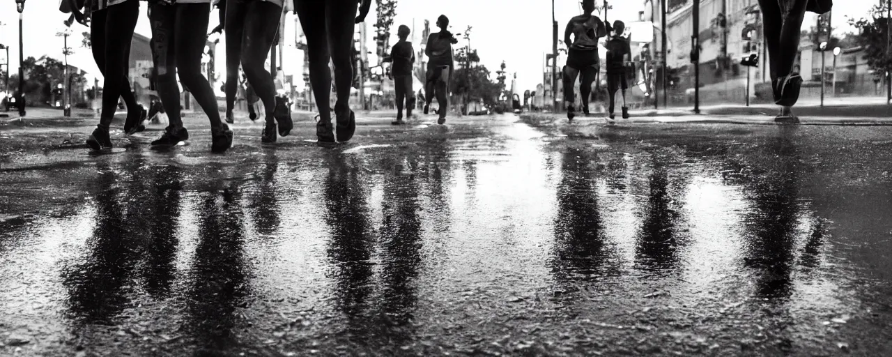 Prompt: several very tiny people running into a storm drain, twilight, reflections on wet pavement