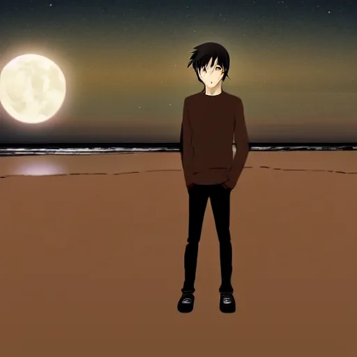 Prompt: young adult, male, medium length black hair, brown eyes, pale skin, standing on a beach, night, full moon, anime style