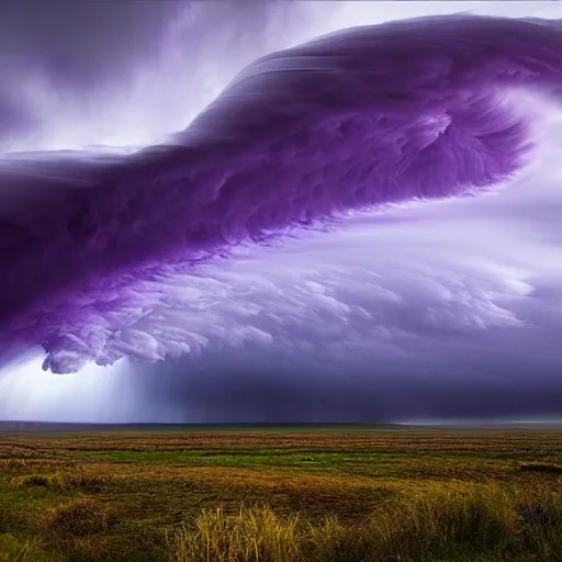 Image similar to amazing photo of purple clouds in the shape of a tornado by marc adamus, digital art, beautiful dramatic lighting