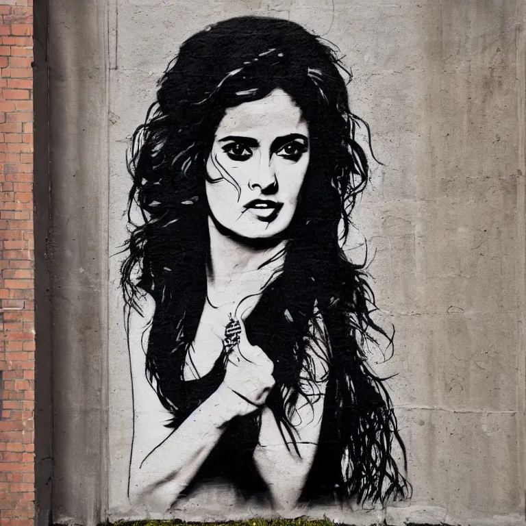 Image similar to Street-art portrait of Salma Hayek in style of Banksy, long hair like a waves around the face, photorealism, Sony a7R