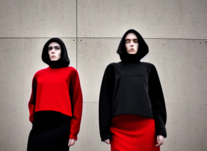 Image similar to photographic portrait of 2 clones in front of a brutalist metal building, 2 techwear women, on a desolate plain, red sky, black oversized clothes, sigma 8 5 mm f / 1. 4, 4 k, depth of field, high resolution, 4 k, 8 k, hd, full color