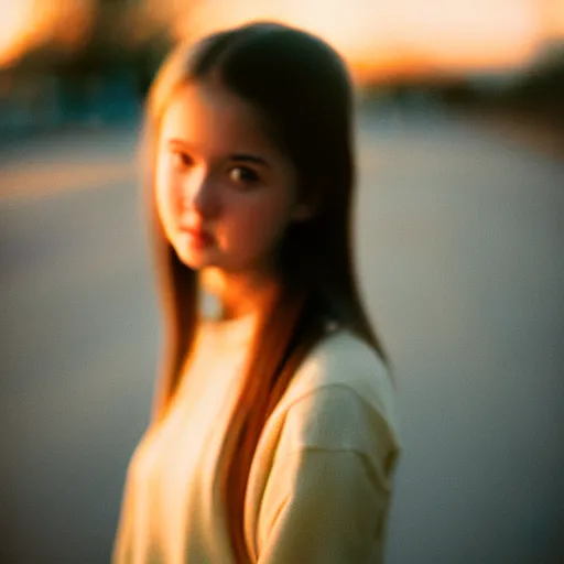 Prompt: beautiful hyperdetailed photograph of a cute young woman, golden hour, soft focus, medium shot, 8 k, portra 4 0 0