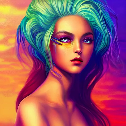 Image similar to a beautiful stunning interesting detailed fantasy whimsical matte digital portrait illustration of a mermaid with turqoise hair, yellow-orange and red-violet sunset, spectacular sunset, a painting by Ross Tran, trending on artstation hq, contest winner