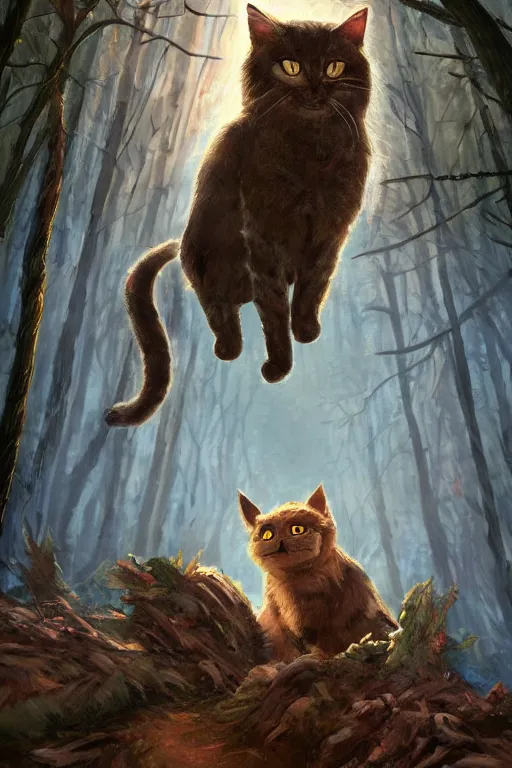 Image similar to warriors book cover, cat in a forest, by wayne mcloughlin, trending on artstation, backlighting