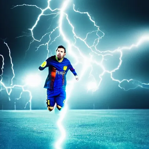 Image similar to lionel messi running extremely fast while his body emits blue lightning, 8 k