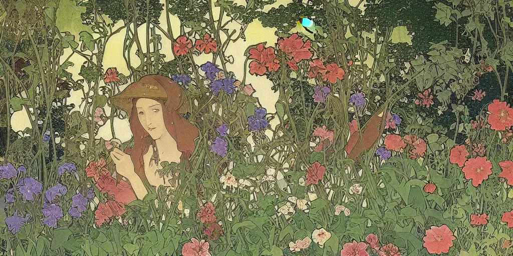 Image similar to an illustration of a beautiful garden, isometric view, painted by alphonse mucha and hieronymus bosch and hasui kawase, dramatic lighting, vivid colours.