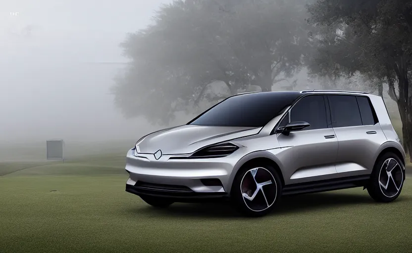 Image similar to the electric suv honma will release soon, outdoor product photography on a golf course, fog, very besautiful ambient light, sun rays