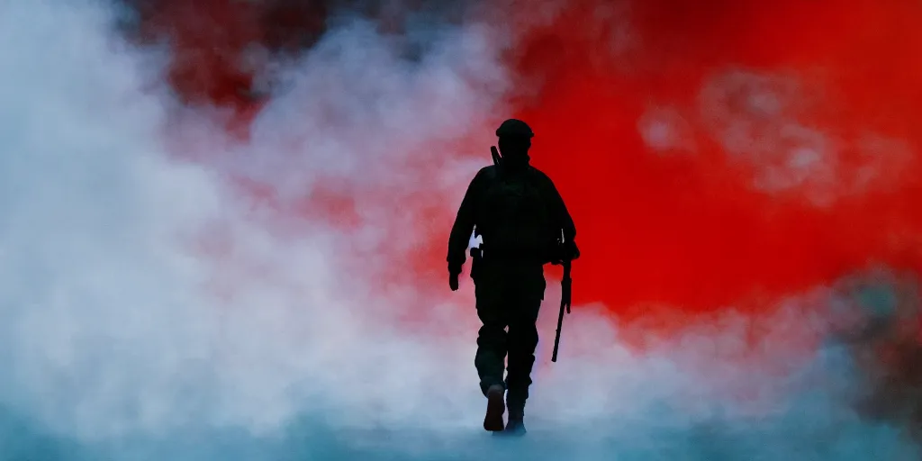 Prompt: a lone soldier walking from behind, cyan and red background, smoke