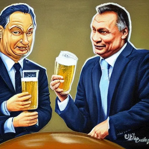 Image similar to viktor orban drinking beer with putin, anatomically correct, oil painting, highly detailed