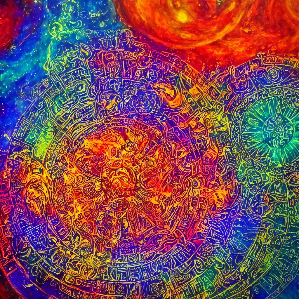 Prompt: great wheel cosmology divine realms mandala celestial and infernal essence lunar mythos solar mythos, award winning painting, chromatic aberration sharp color palette