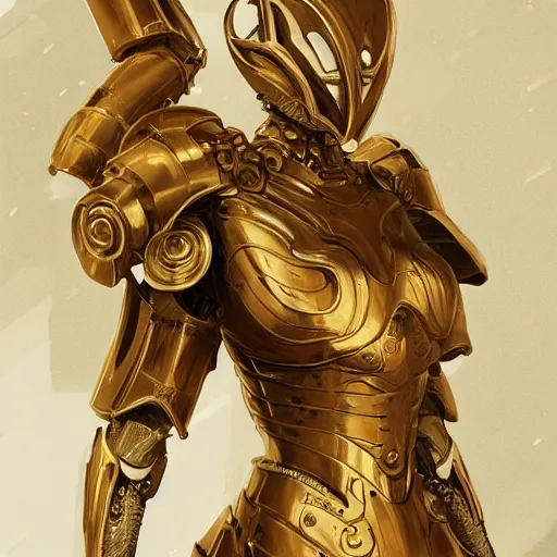 Image similar to mechanical golden armor, intricate, elegant, highly detailed, lifelike, digital painting, artstation, illustration, smooth, sharp focus, art by scott davidson, albert aublet, krenz cushart, artem demura, mucha