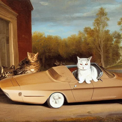 Image similar to corvette with cats sitting in and on the car, old dutch painting, golden hour, shadows, wide shot