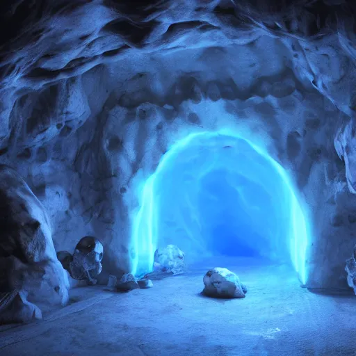 Image similar to a large translucent skull blocking the entrance to a cave emanating a blue glow, subsurface scattering, volumetric lighting, rendered in unreal engine, 3 d volumetric light, caustic reflection, adventure mystery cave