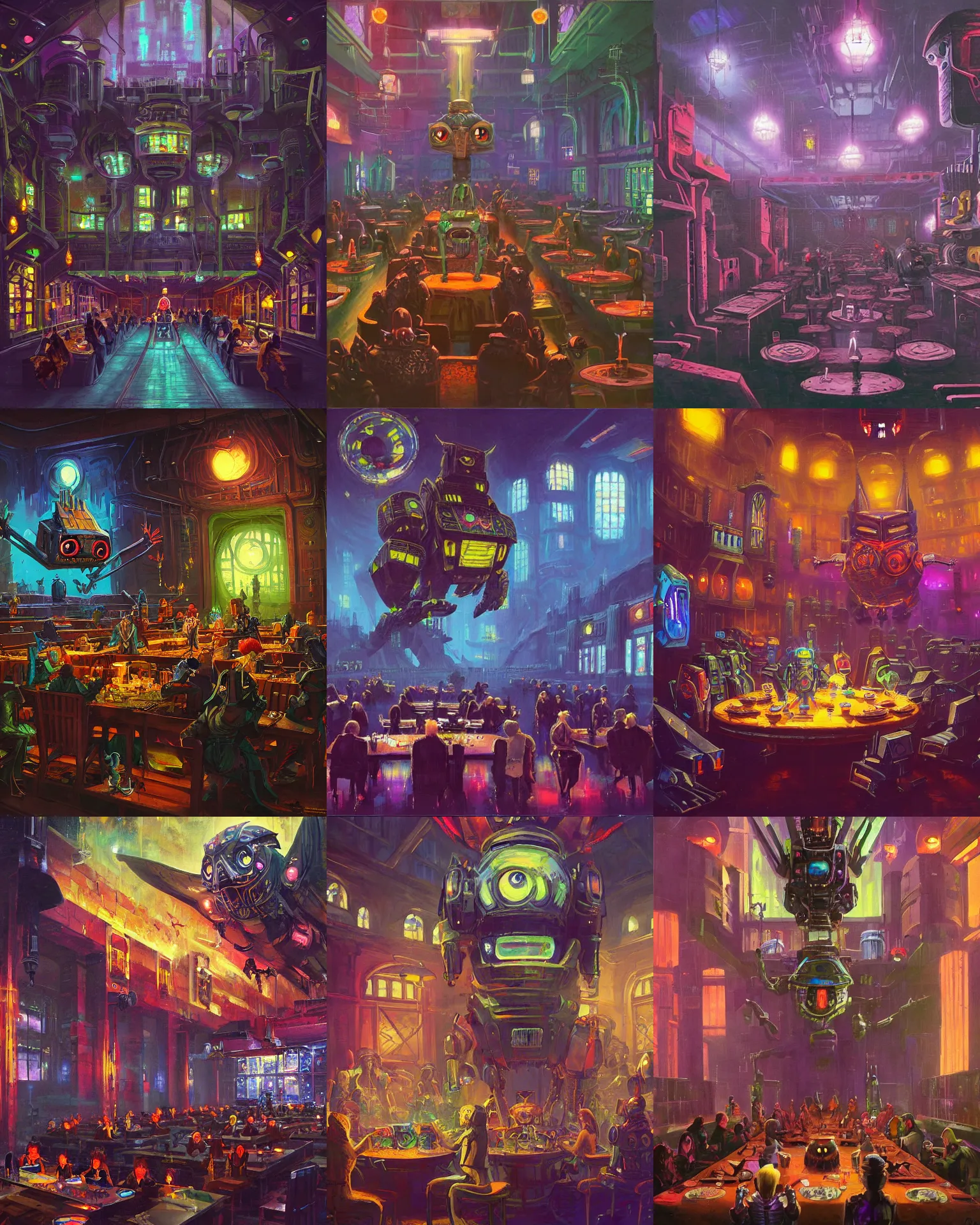 Prompt: a cyberpunk hogwarts dining hall, with a giant robot owl, by paul lehr