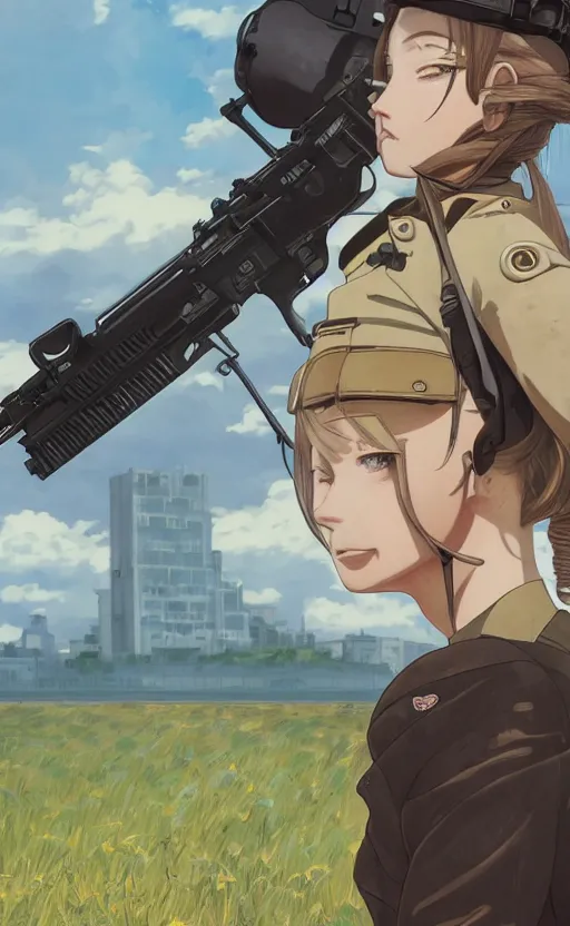 Prompt: portrait of a female soldier, highly detailed, high resolution, military camp in the background, full color manga visual style, illustration, stunning, girls frontline style, bokeh soft, matte, 100mm, trending artwork, by professional photographer, hayao miyazaki, ilya kuvshinov, alphonse mucha, studio mappa, realistic human anatomy, realistic military carrier, modern warfare, realistic weapon, shot with a arriflex 35 ii, low saturation, small eyes