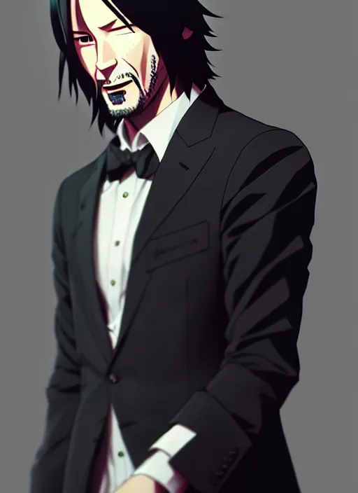 Image similar to anime portrait of keanu reeves as a handsome man, wearing black suit and bowing down, ilya kuvshinov, anime, deroo, pixiv top monthly, trending on artstation, cinematic, danbooru, zerochan art, kyoto animation