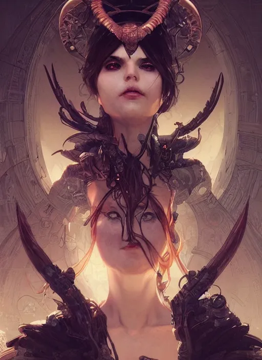 Image similar to a beautiful illustration of a cyberpunk witch with horns in head, intricate, sharp focus, illustration, highly detailed, digital painting, concept art, matte, art by wlop and artgerm and greg rutkowski and alphonse mucha, masterpiece