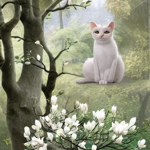 Prompt: cute cat with white magnolia trees inspired by Ferdinand Knab, artstation, 8k, photorealism