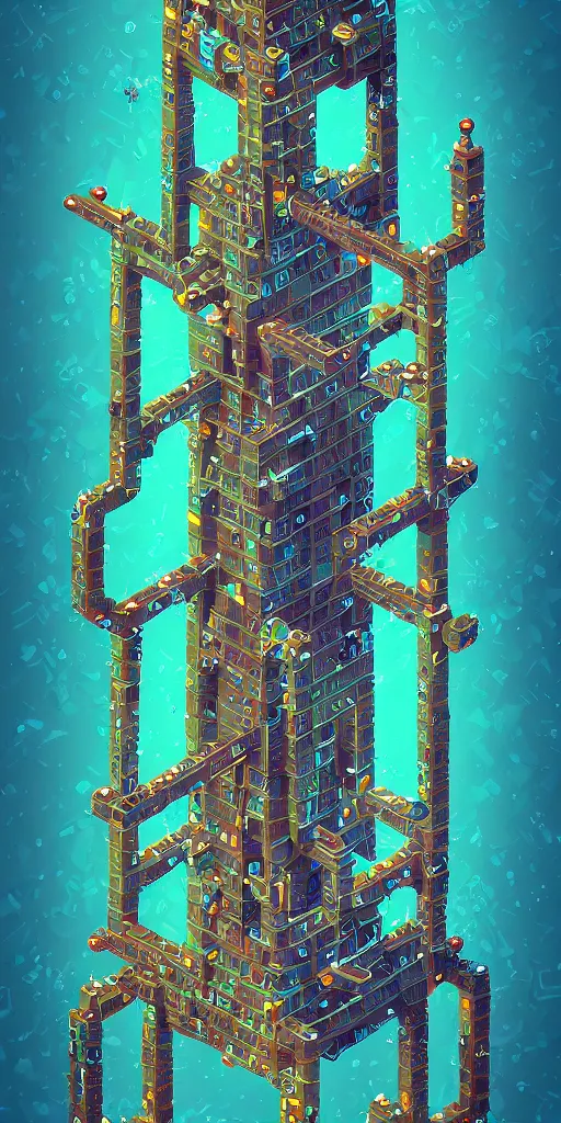 Prompt: isometric portrait of advanced alien, his last moment, mystical, magicavoxel intricate ornamental tower floral flourishes, technology meets fantasy, map, infographic, concept art, art station, style of monument valley, giger, wes anderson