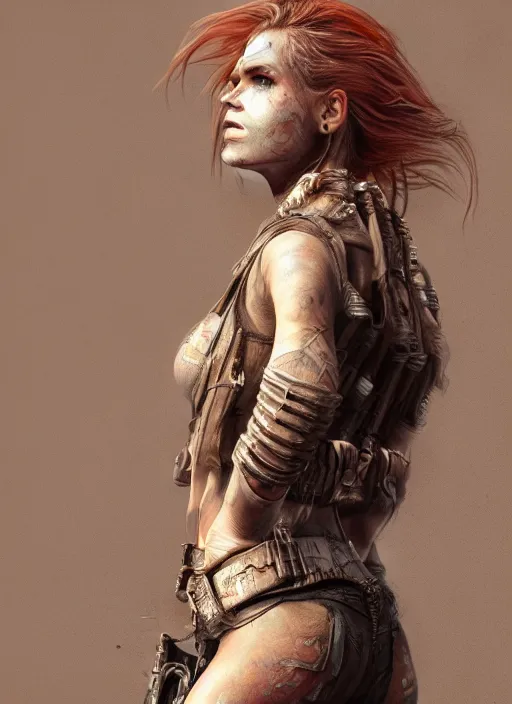 Image similar to full body concept art illustration pastel painting of a female mad max in intricate clothing, beautiful face, ultra detailed, octane render, 8K, dystopian, micro details