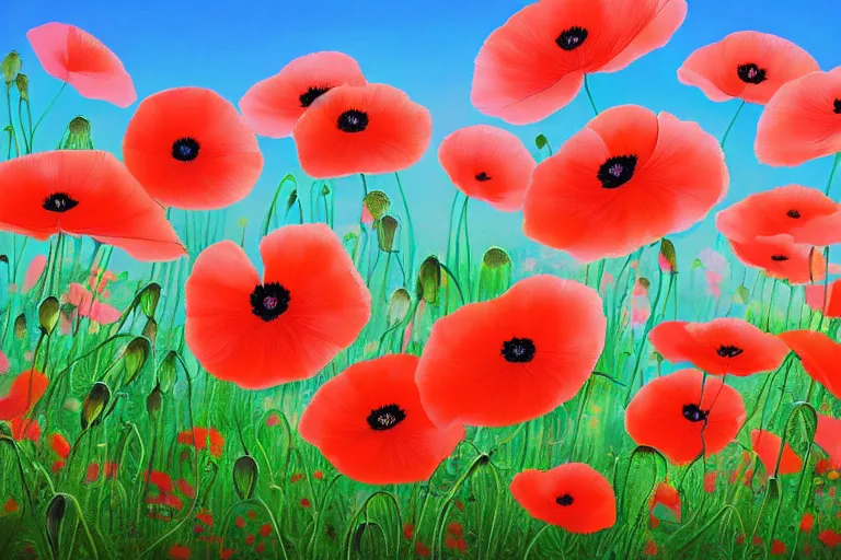 Prompt: a bright, cute ghibli painting of oriental poppy flowers at dawn, beautiful lighting, in the style of studio ghibli, artwork by Hayao Miyazaki and Isao Takahata, highly detailed, 8K, smooth, cinematic, vibrant colors, trending on artstation, japanese animation, stunning artistry and soaring imagination