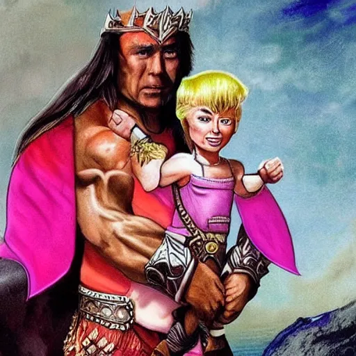 Image similar to vladimir putin as conan the barbarian holding donald trump as a princess wearing a pink dress. realistic.