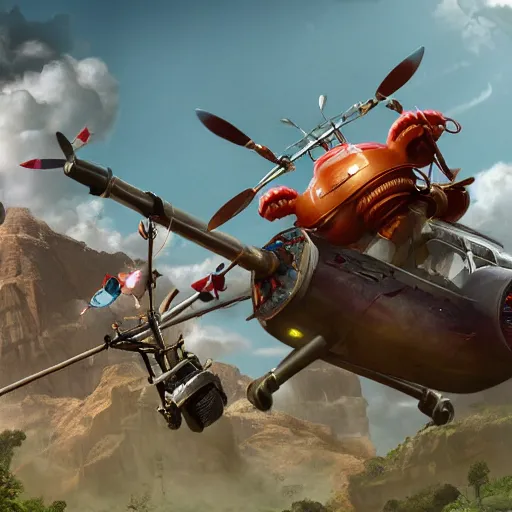 Prompt: pudge hooking gyrocopter with chen helping in background, unreal 5, high detailed, fantasy matte painting, super wide angle