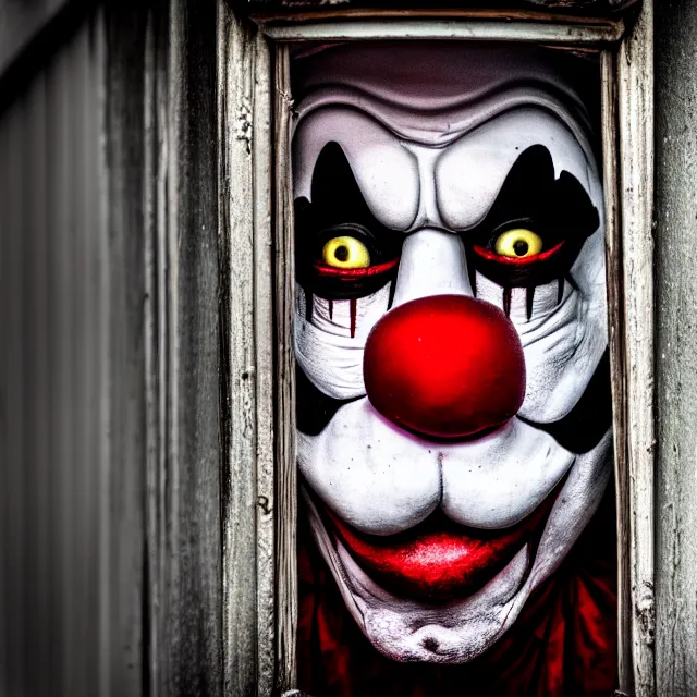 Image similar to far away shot of a scary clown looking through your window, highly detailed, 8 k, hdr, smooth, sharp focus, high resolution, award - winning photo