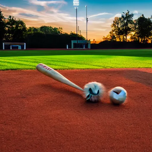 Image similar to playboi carti playing softball, baseball bat, baseball, outside, clear sky, golden hour sunlight, hdr, 4 k, widelens, photograph