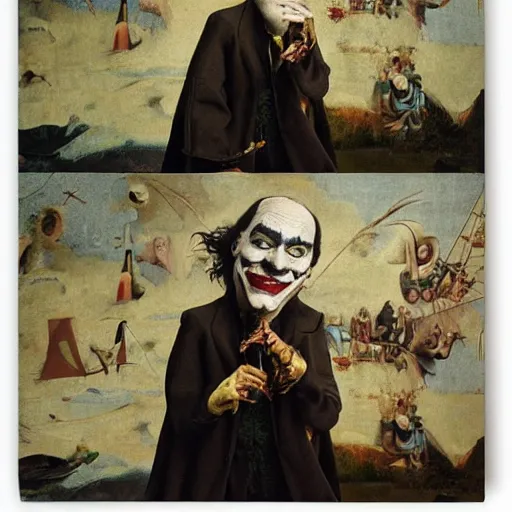 Image similar to portrait of the joker, joker is laughing, joaquin phoenix as joker, drama, chaos matte painting by hieronymus bosch and zidislaw beksinsky