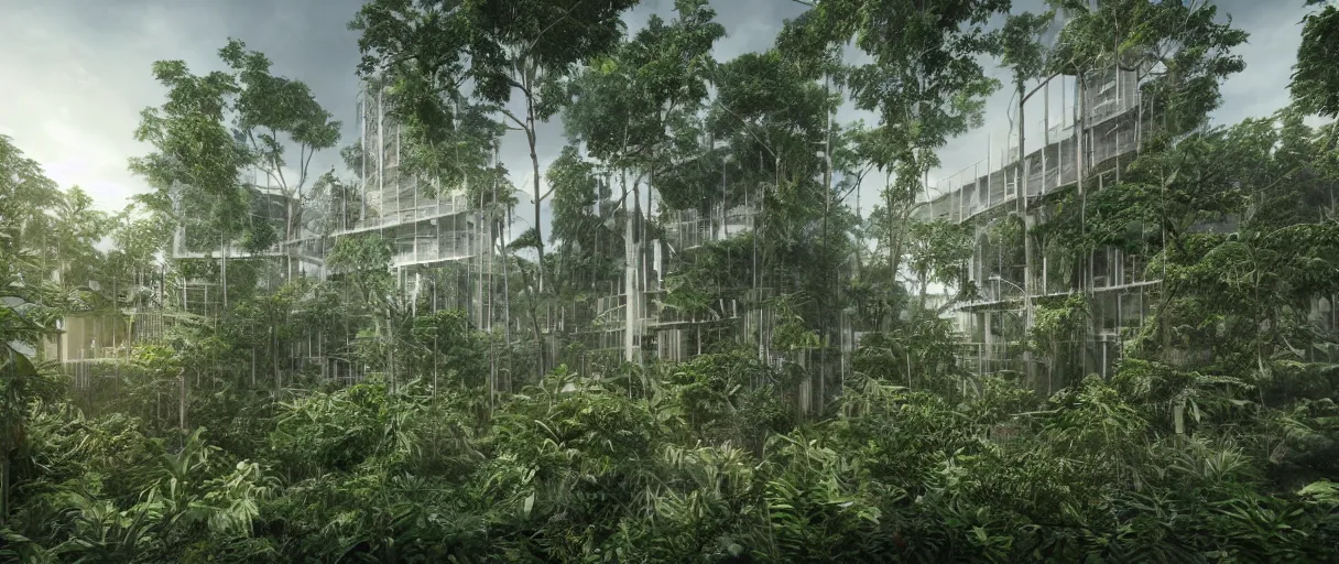 Image similar to architecture inspired by renzo piano deep in the rainforest. nature is taking over. matte painting. unreal engine 5 render. hdr. volumetric lighting. global illumination. atmospheric.