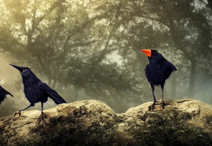 Prompt: a 4k render of a magical crows wearing tiny wizard hats, standing on a rock, warm natural lighting, under the soft shadow of a tree, slight haze