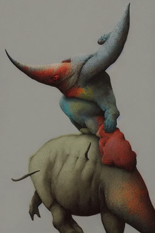 Image similar to painting of cross between parrot & rhino, intercrossed animal, by zdzislaw beksinski, by tiffany bozic, cold hue's, warm tone gradient background, concept art, beautiful composition, digital painting,